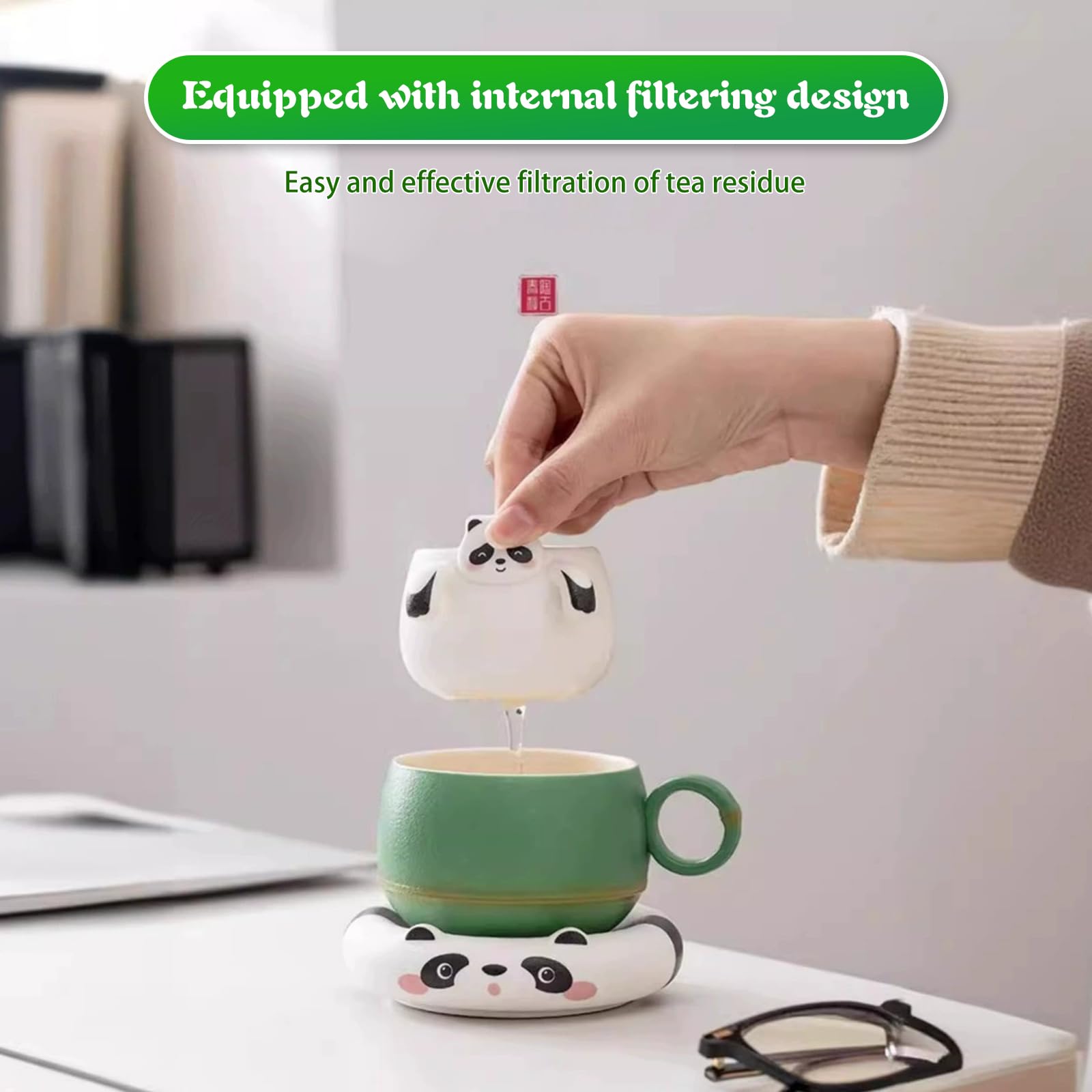 OHAANYY Juego de tazas de té de panda, taza de té y café de cerámica con colador, platillo y cuchara, divertida taza de animales con separador de té, 240 ml, regalo creativo para mujeres (verde y
