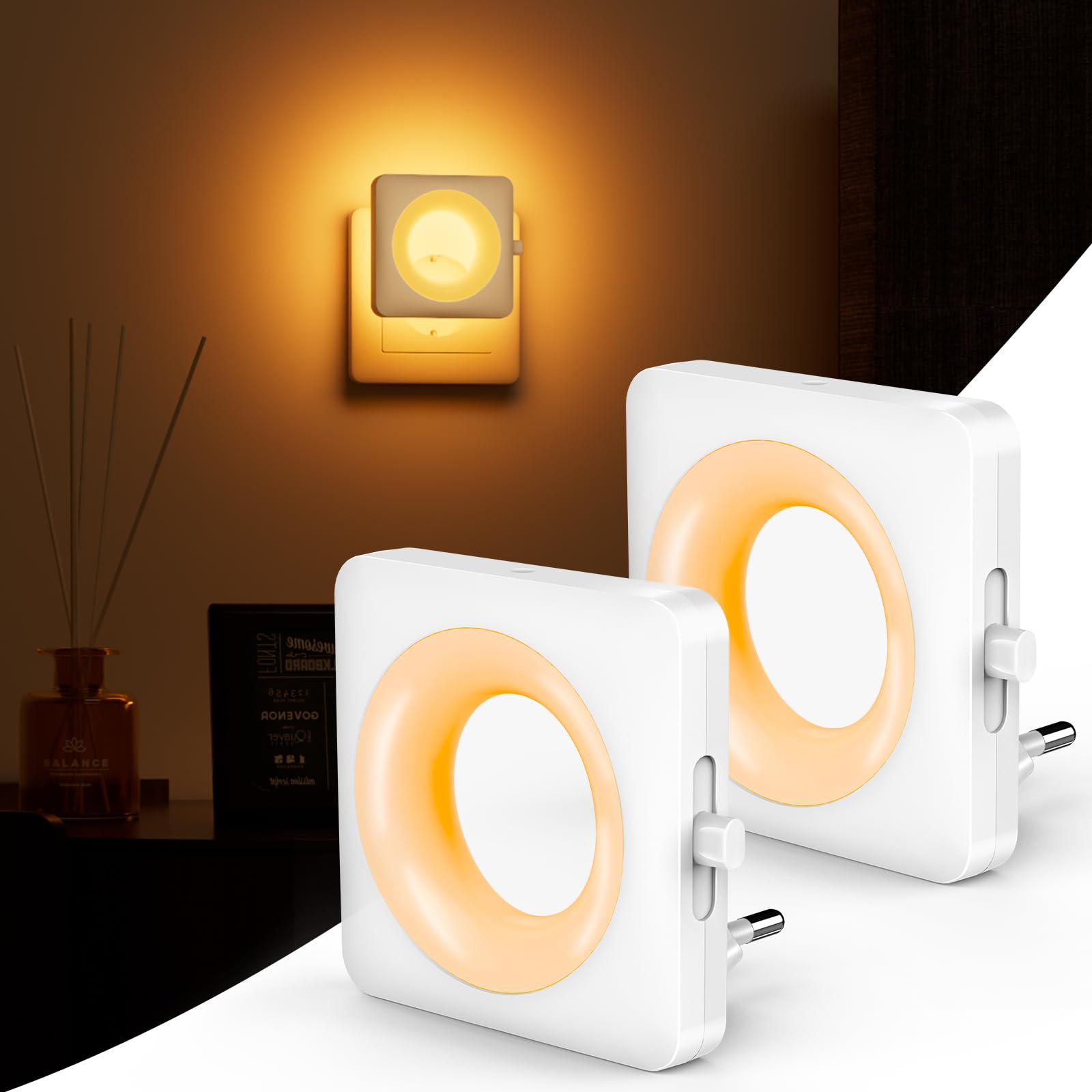 Swoieltr Luce Notturna Bambini da Presa, [2 Pezzi] 1800K Ambra Luci con Sensore Crepuscolare e Automatico Luminosità Regolabile per Camera da Letto, Corridoio, Scale, Bagno