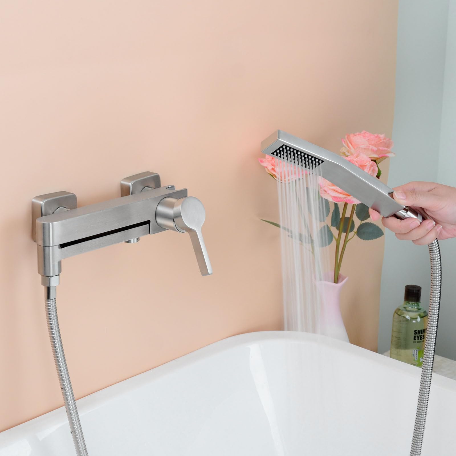 PHASAT Rubinetti per Vasca con Doccetta, Miscelatore per Doccia per Bagno, Rubinetto a Parete Bagno Bocca girevole a 90 °, Nichel Spazzolato PTBL17E