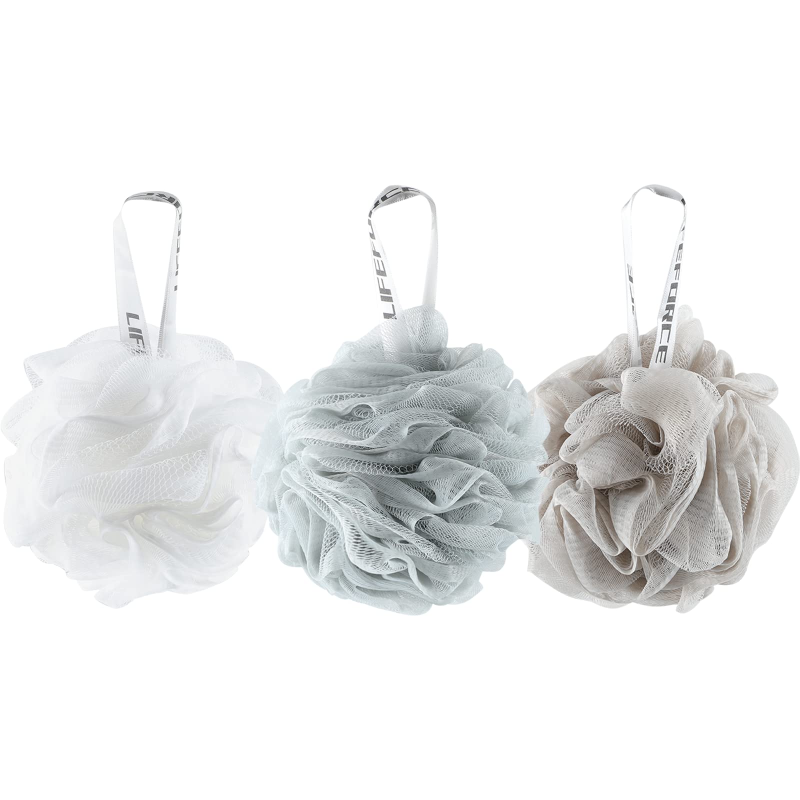 Lifeforce Grande Esponjas de Flor 3 Pack Mix, Esponja Exfoliante de Malla - Con Correa de Muñeca, Suave y Esponja Duraderos, Sponja de Baño 60G, 14cm x 14cm