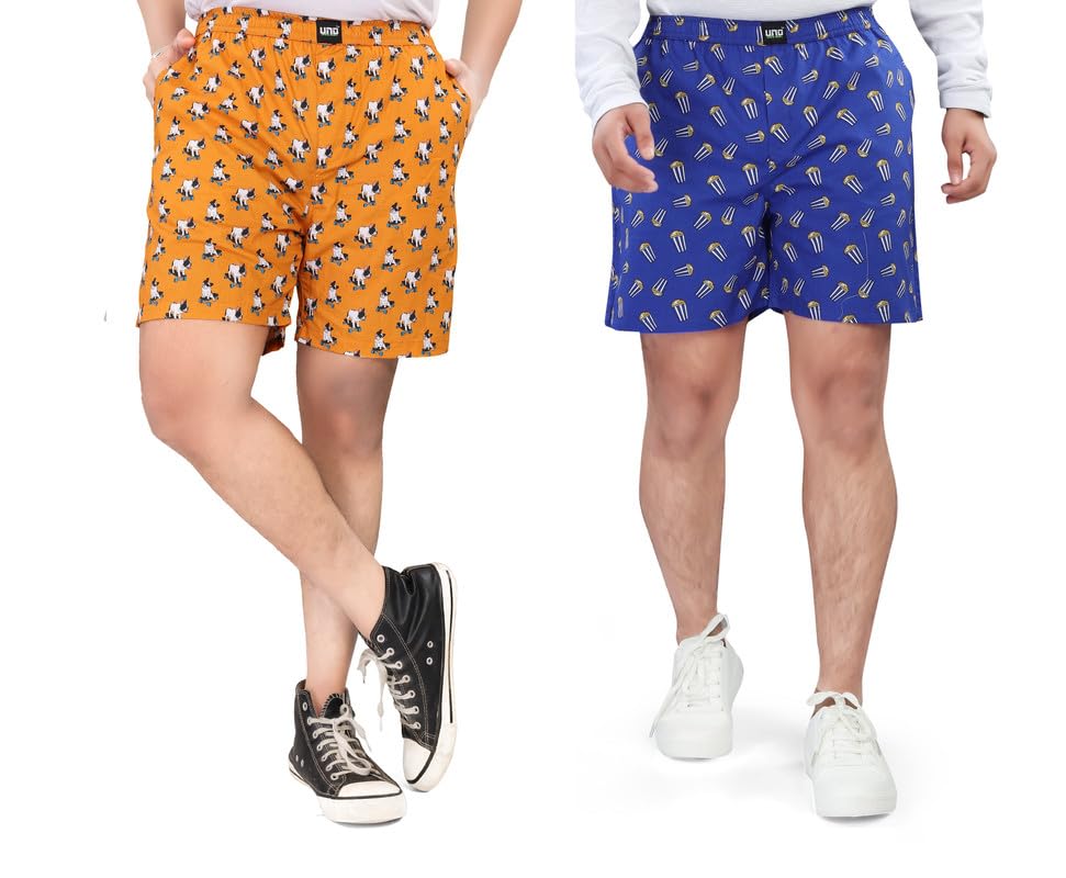 Image of UNOseven Shorts for Boys - 100% Cotton Printed with Side Pockets - Pack of 2 - Available from Size 7 Years to XL