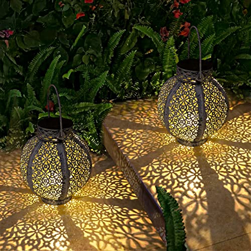 Retro Metal Lamps Solar Lanterns Waterproof Hollow-Out Design,Outdoor Hanging Solar Garden Lamps Decorate Handles, Patio Porches, Countertops(2 Pack) #TOP28