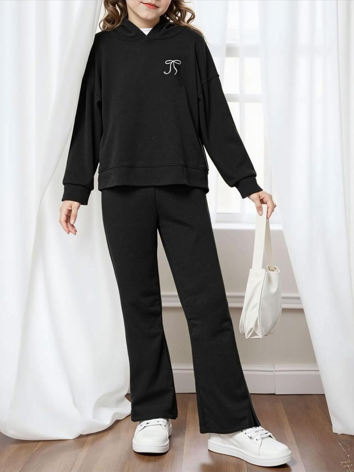 Girls Clothing Set Bow Embroidery Hoodie Pullover Sweatshirt & Split Flare Pants Outfits 2Pcs with Pockets 5-14Y - Image 3