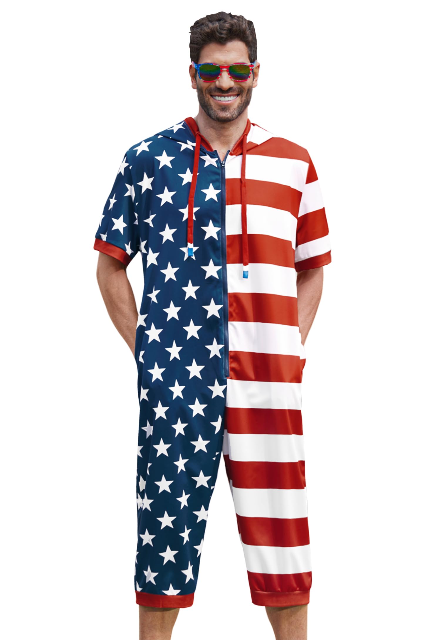 Mainfini Mens 4th of July Rompers American Flag Onesie Short Sleeve Zipper Outfits with Pockets (S-XXL)
