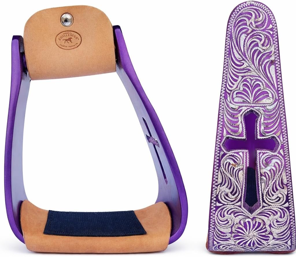 CHALLENGER Horse Saddle Stirrups Western Lightweight Aluminum Engraved Cross Cut-Out 51211