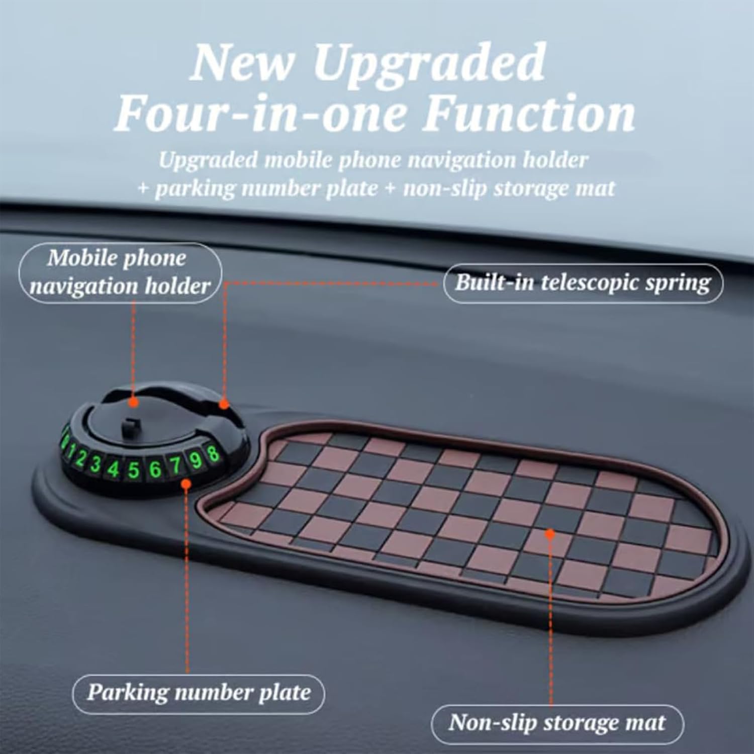 Multifunction Car Anti-Slip Mat, Universal Car Anti Slip Mat Phone Holder, Dashboard Accessories, 360° Rotating, with Temporary Parking Numbe, for Phones, Keys, Gadgets (Gray-Silver)
