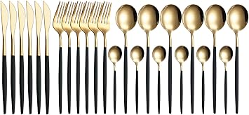 24 Piece Cutlery Set - Flatware - Housewares - Kitchen Gadgets - Silverware Set - Home Essentials - Utensil Sets - Stainless Steel, Forks and Spoons Silverware, Luxury Gold Cutlery Set - Black