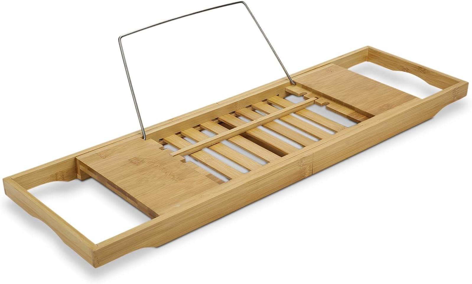 Anko Bamboo & Steel Extendable Bath Caddy Tray for Bathroom, Washroom | Bathtub Storage Adjustable Rack | Organiser Holder for Tablet, Book, Phone, Drinks, Food, Candle | 27 to 40 Inch (W)