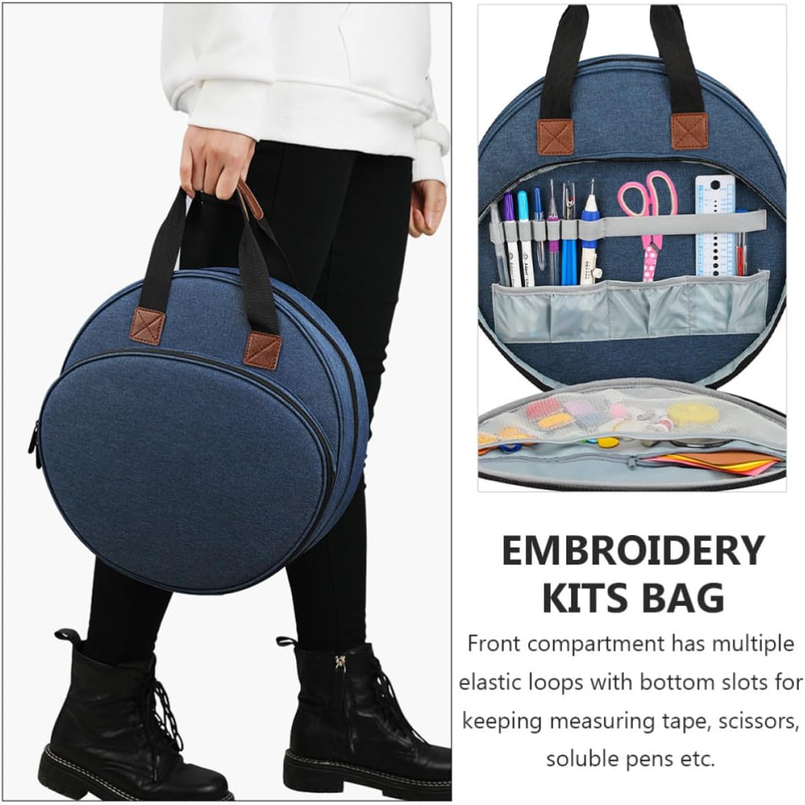 Embroidery Kit Carrier Blue Fabric for Beginners Large Capacity