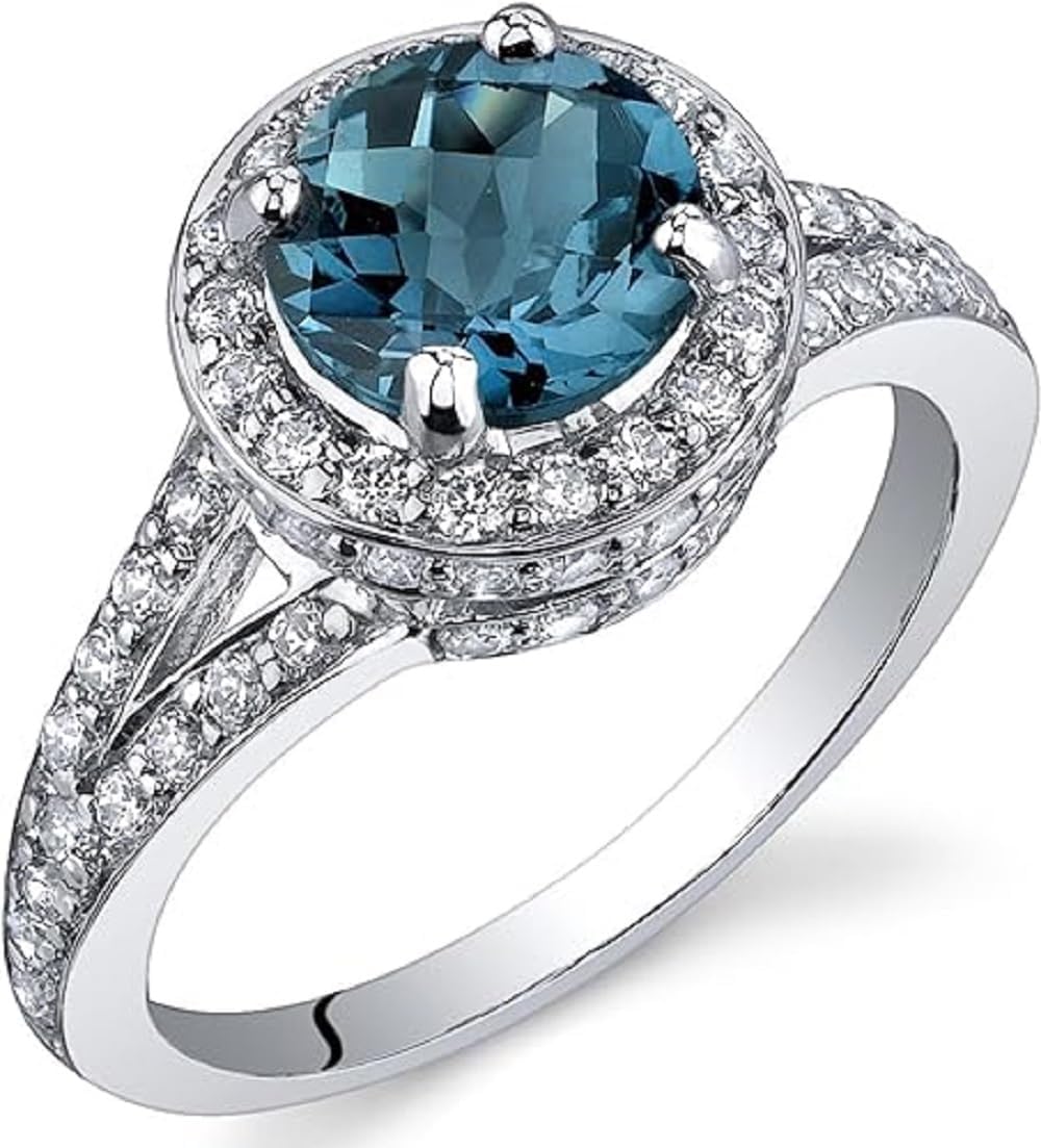 Round Cut Simulated London Blue Topaz & Diamond Halo Engagement Wedding Ring In 925 Sterling Silver 14K White Gold Finish for Women's