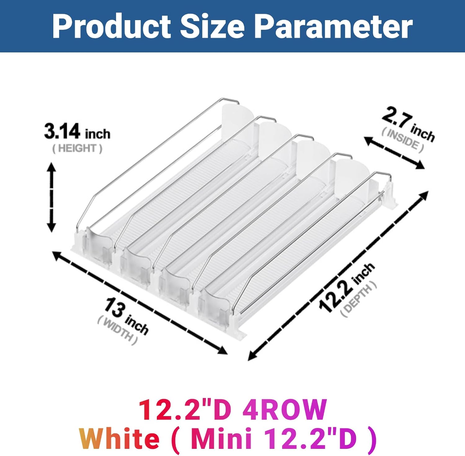 Drink Organizer for Mini Fridge,12oz 16oz 20oz - Soda Can Dispenser for Refrigerator,Width Adjustable,Automatic Pusher Glide (White (Mini 12.2"D), 12.2"D 4ROW, Holds 16 Cans) - Image 2