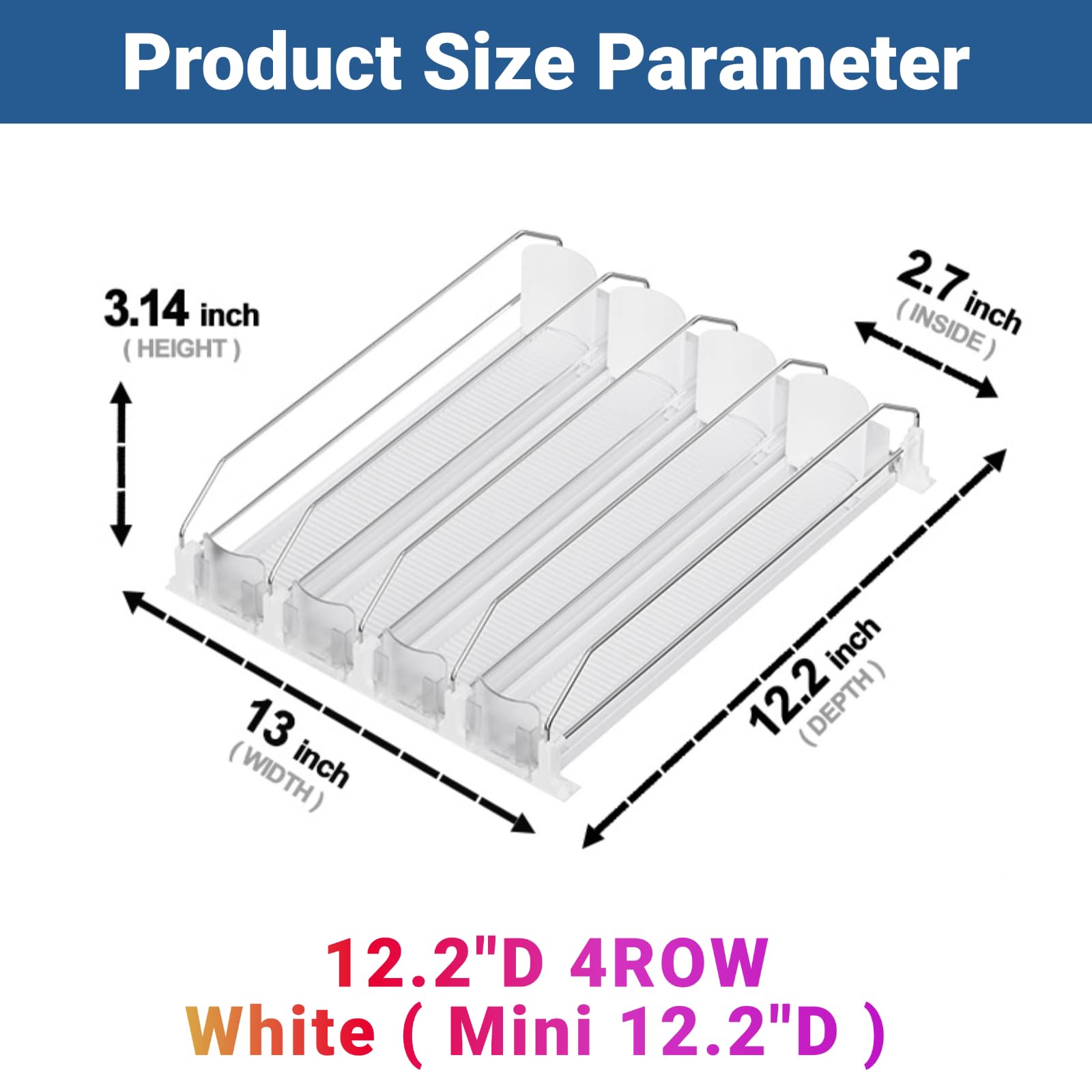 Organizador de bebidas para mini refrigerador, 12 onzas, 16 onzas, 20 onzas, dispensador de latas de refresco para refrigerador, ancho ajustable, deslizamiento automático del empujador, 12.2