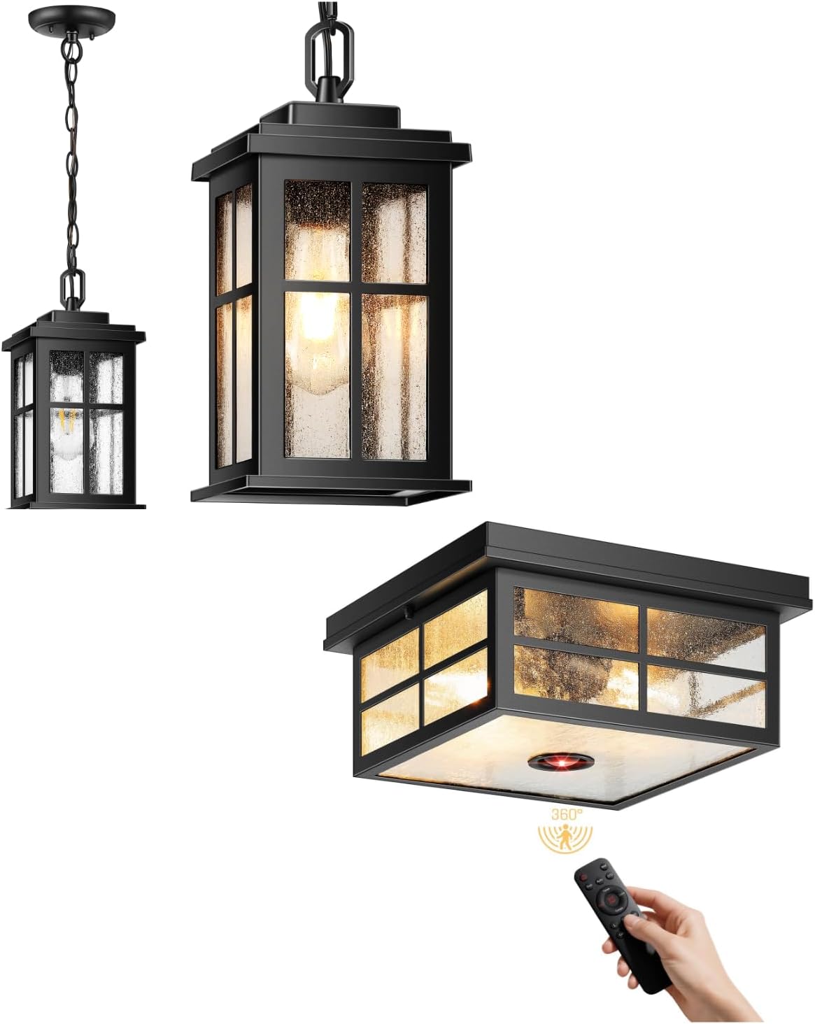 VIANIS Outdoor Pendant Lights for Porch with Adjustable Chain, Motion Sensor Outdoor Ceiling Light with Remote Control, 2-Light Black Modern Outside Flush Mount Light