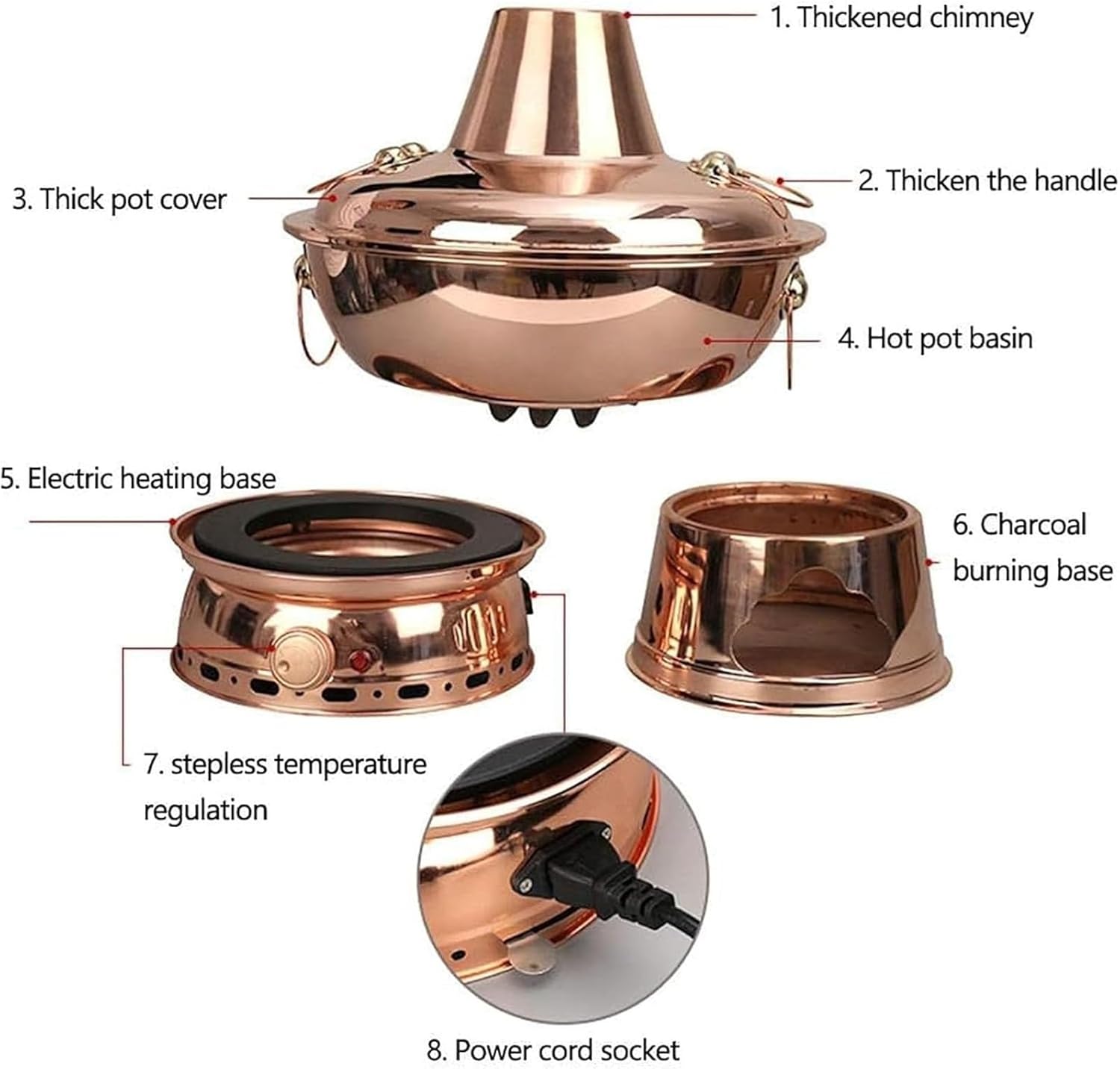 Chinese Copper Hot Pot,Electric Carbon Double Heating Base, Split Design,Pure Copper Thick Mongolian Cattle Hotpot,Easy to Clean, Suitable for Family Gathering,34cm(30cm)