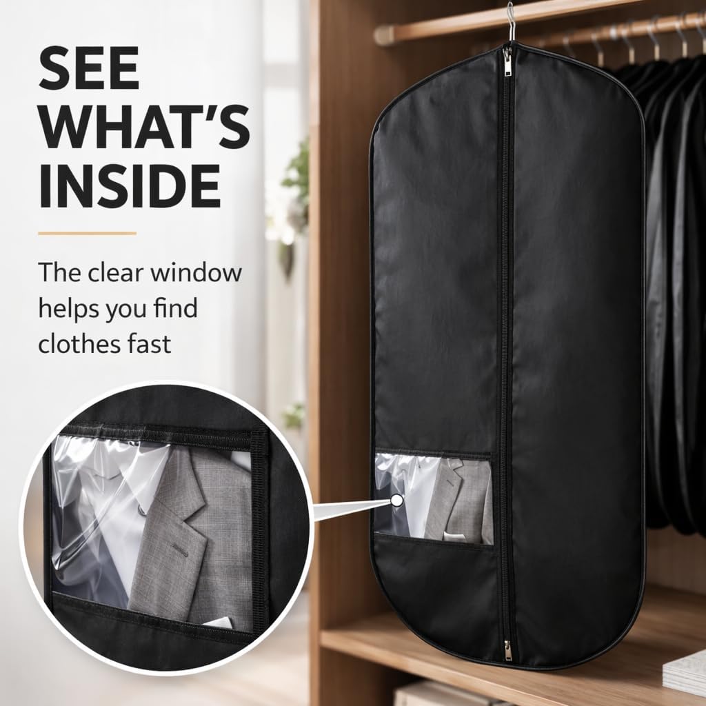 FUYIHGL® 20-Pack Garment Bags for Hanging Clothes – 43" Breathable Black Suit Bags for Closet Storage with Clear Window – Dust Cover for Shirts, Jackets, Sweaters & Coats – Closet Organization System
