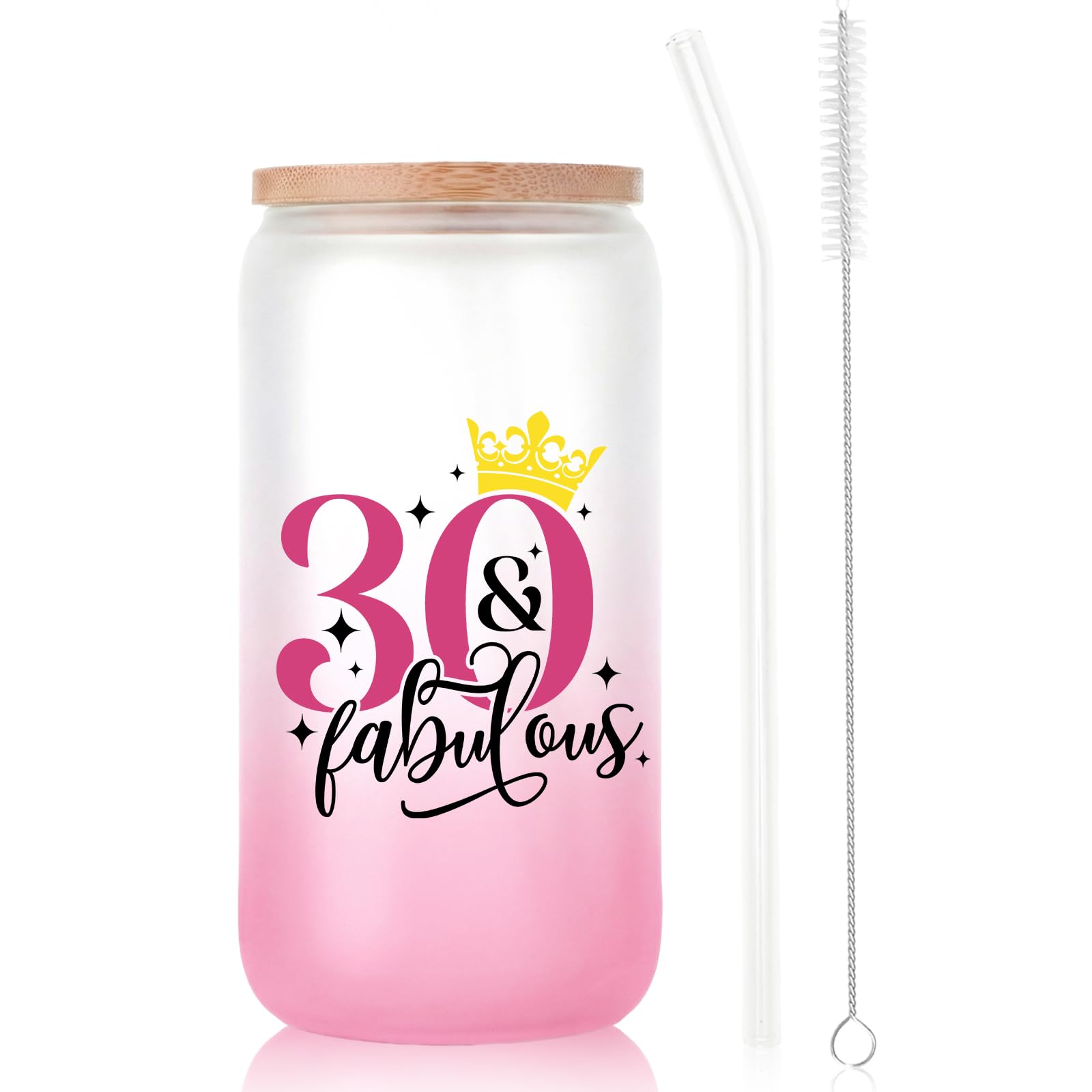 Bliceon 30th Birthday Gifts for Women, 30th Birthday Iced Coffee Cup, 16oz Frosted Glass Cup with Lids and Straws for Women, Best Friend, Wife, Mum, Family