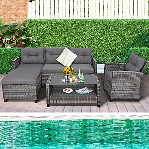 Quul 4Pcs Patio Rattan Furniture Set Cushioned Loveseat Table Shelf Gray Lounge Chair Loveseat #TOP3
