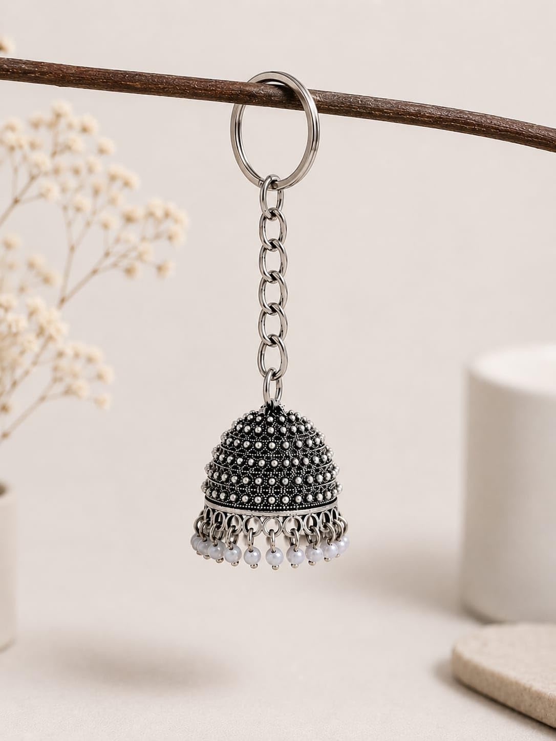 Jhumka Bell Keychain, Silver Metal, Decorative Pearl Tassel Charm, Handmade Pendant, Bag Charm and Gift for Women-picture-14