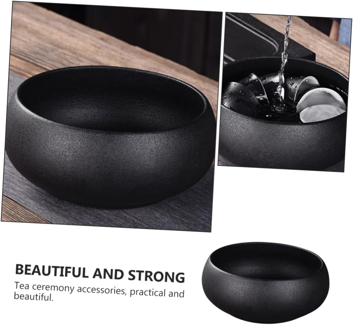 Unomor Black Pottery Tea Wash Bowl Chinese Tea Ceremony Accessory with Smooth Rim for Home Travel