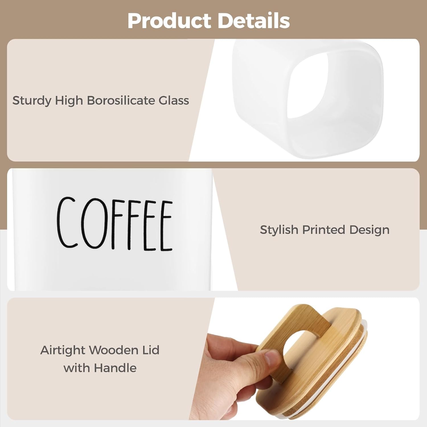 Coffee Tea Sugar Container Set of 3, Glass Storage Jars with Wooden Lids image 3