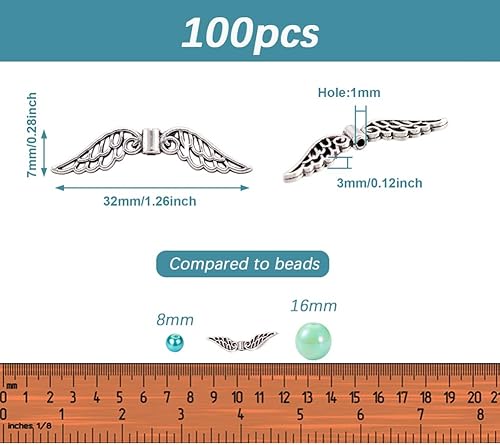Miniatura 4 de FASHEWELRY 100 cuentas espaciadoras de ala de ángel de filigrana de plata antigua, cuentas de metal tibetano huecas de ala de hada, 0.276 x 1.260 in