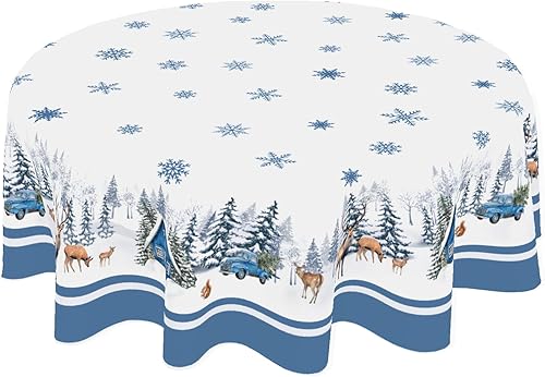 Mantel redondo de Navidad azul de 60 pulgadas para decoración de árbol de invierno, bosque, ciervo, pino, copo de nieve, mantel de tela lavable para