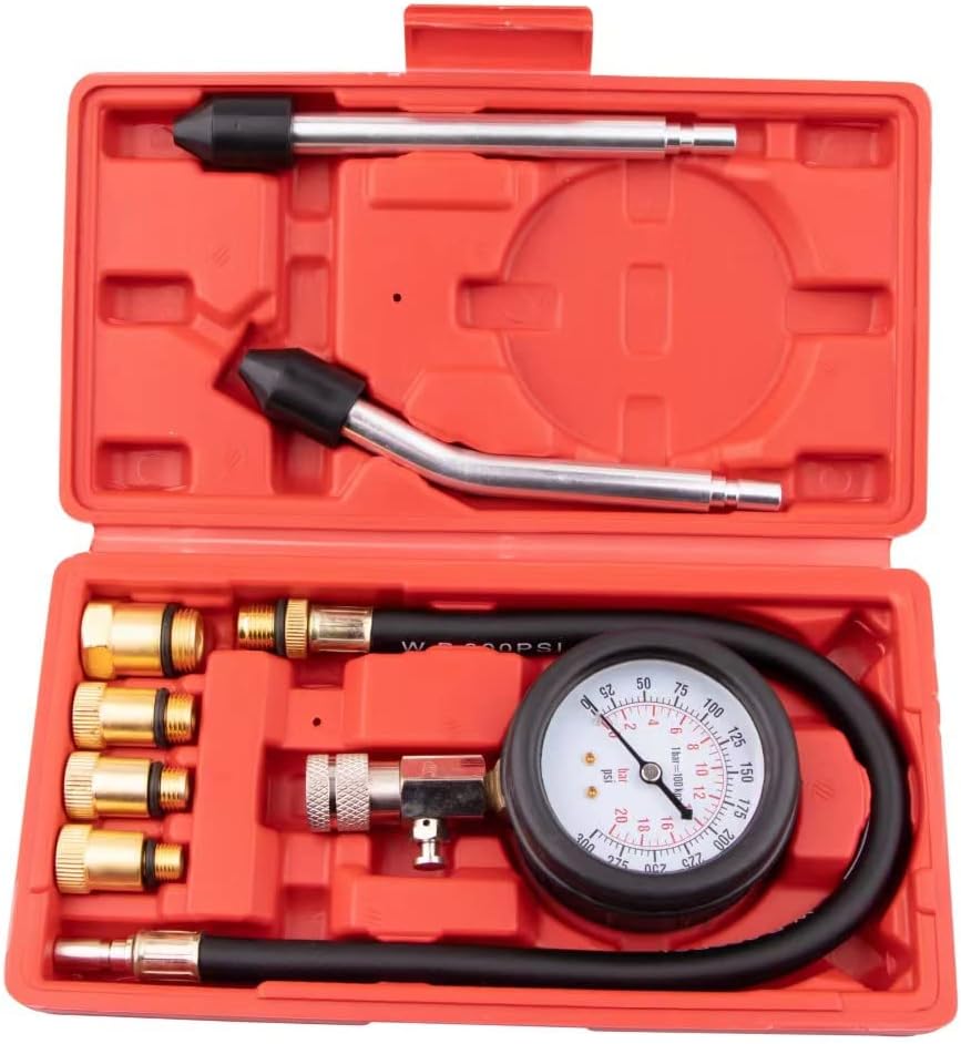Yonligonju 8PCS Compression Tester Kit 0-300 PSI Petrol Gas Engine Cylinder Pressure Gauge Automotive Tool for Motorcycle Car Truck (Red)
