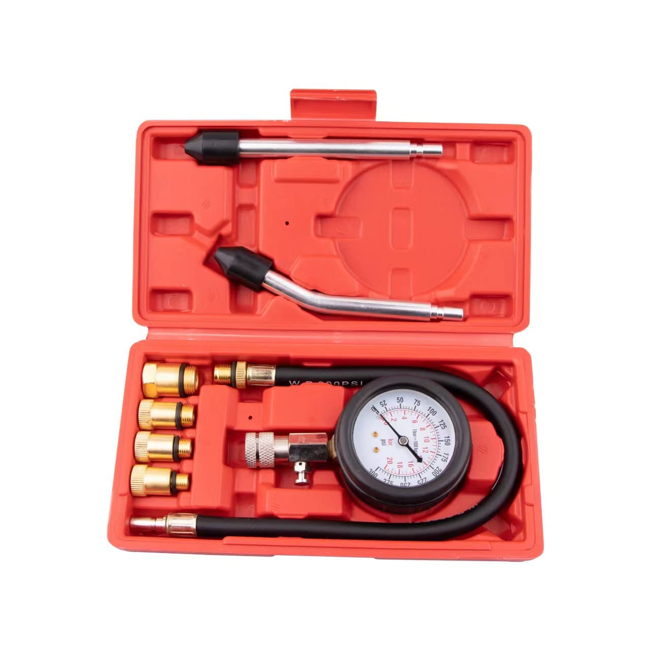 Yonligonju 8PCS Compression Tester Kit 0-300 PSI Gauge for Car Motorcycle Truck Gas Engines - Red Automotive Tool