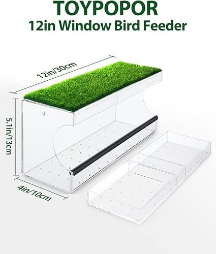 Miniatura 5 de TOYPOPOR Comedero para pájaros de ventana grande de 12 pulgadas con hierba artificial, comedero de pájaros acrílico silvestre con 3 ventosas de