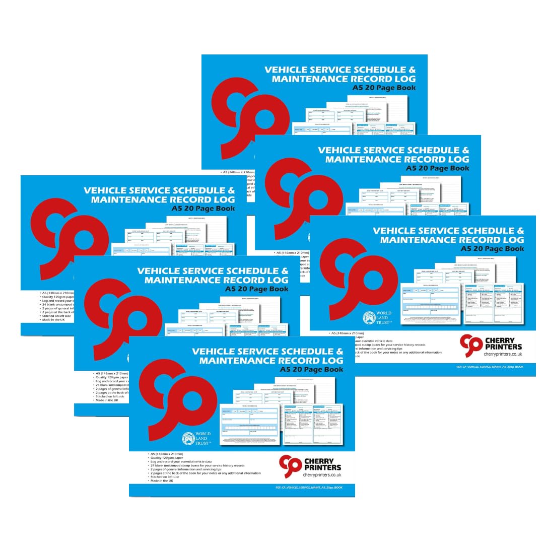 Cherry Printers Vehicle Service Schedule & Maintenance Record Log A5 | 24 Service Stamps | 20 Page Booklet | Maintenance Tips & Notes Pages | Made in UK | for Cars Vans and Motorbikes | 6 Pack