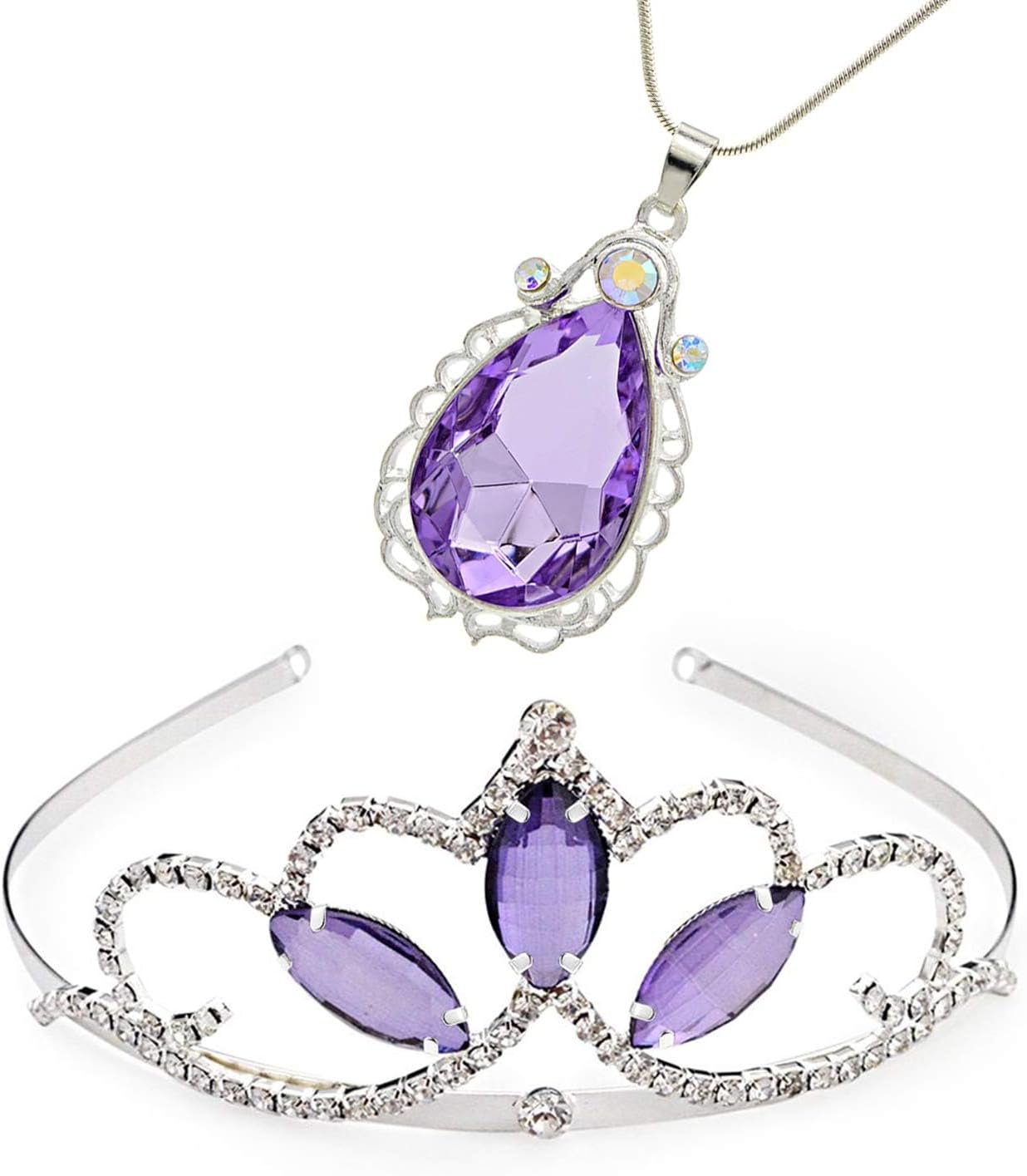 Princess Crown Sofia The First Tiara and Magic Amulet & Princess Waterdrop Pendant Necklace for Girls Perfect Birthday