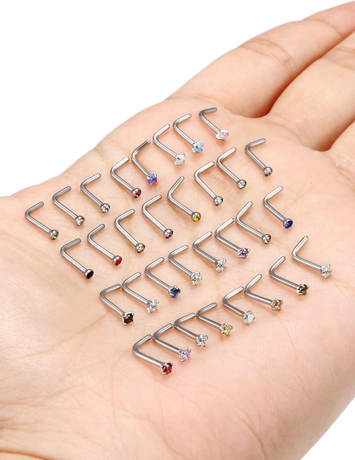 22/20/18g Thin Nose Rings Studs Piercings for Women Men 2mm Gems Straight/L Bars Nostril Jewelry Hypoallergenic Surgical Stainless Steel