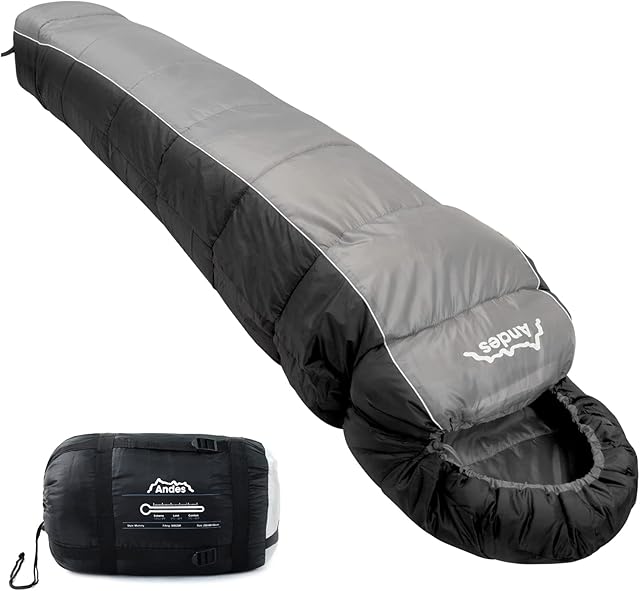 Andes Nevado 3 Season Mummy Sleeping Bag Warm 300GSM Filling - Compression Carry Bag Included - Ideal For Camping, Hiking, Backpacking, Festivals