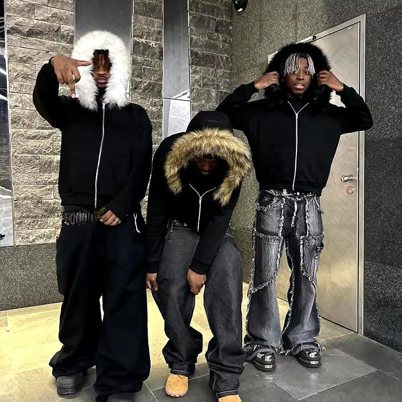 Fur Hood Jacket Men Hoodie Zip Up Y2k Zip Up Hoodie Y2k Hooded Jacket Warm Winter Coat for Men with Hood Fur Collar4