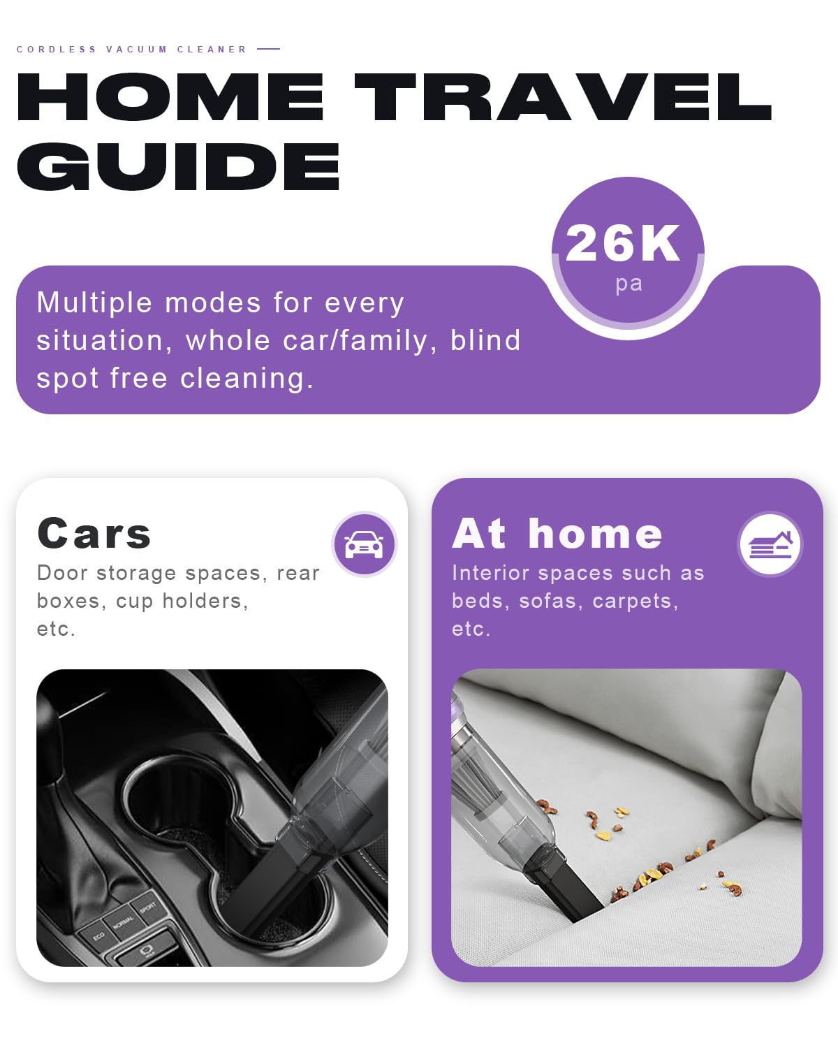 KITBEZN Aspirateur à Main, 26000PA Aspirateur Voiture sans Fil Puissant, 220000 TR/Min Moteur sans Balai, 4 en 1 Niveaux Réglables pour Poils d'animaux, Voiture, Maison, Violet
