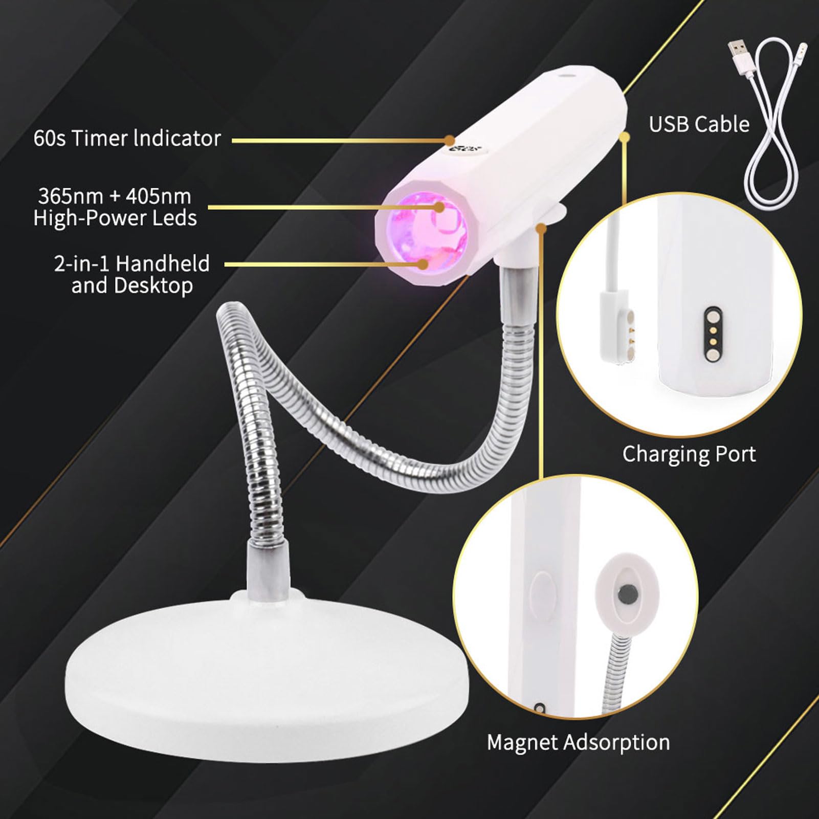 Cuifati Lámpara de Uñas de Gel con Cuello de Cisne de 9 W, Secador de Uñas LED, Luz de de Gel USB con Temporizador Giratorio de 360 ​​grados, Batería Incorporada para Viajes en Casa, (luz violeta)