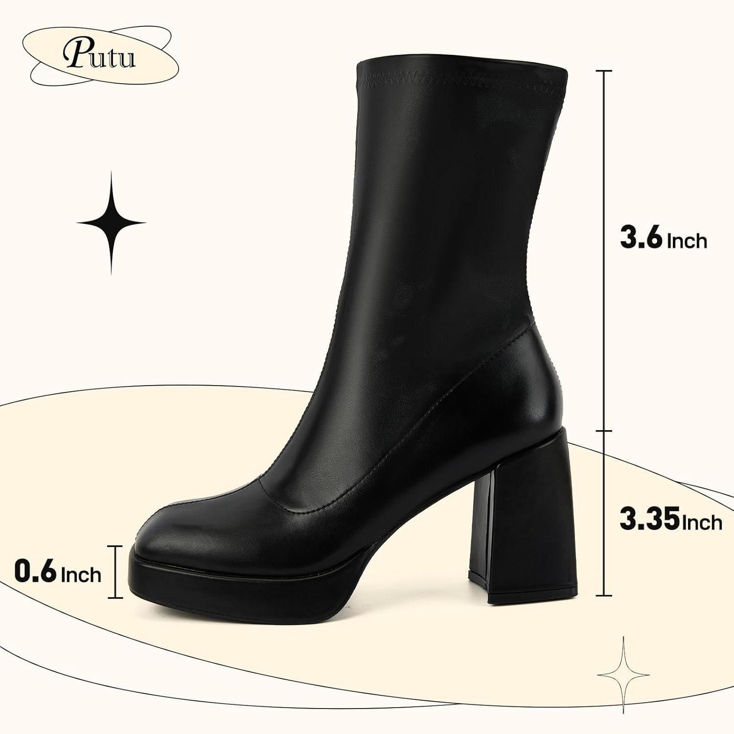 Putu Platform Boots for Women,GoGo Boots,Square Toe Chunky Heel Ankle Boots Pull on Booties - Image 7