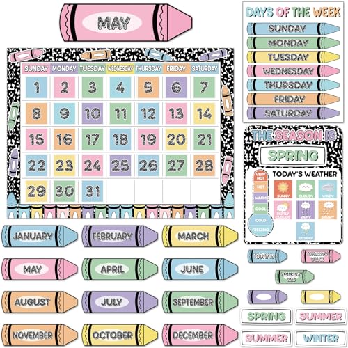 Composition Notebook Crayon Calendar Bulletin Board Crayon Bulletin Board Calendar Seasons Weather Chart Crayons Classroom Decors with Season Weather Days of the Week Chart for Back to School Supplies