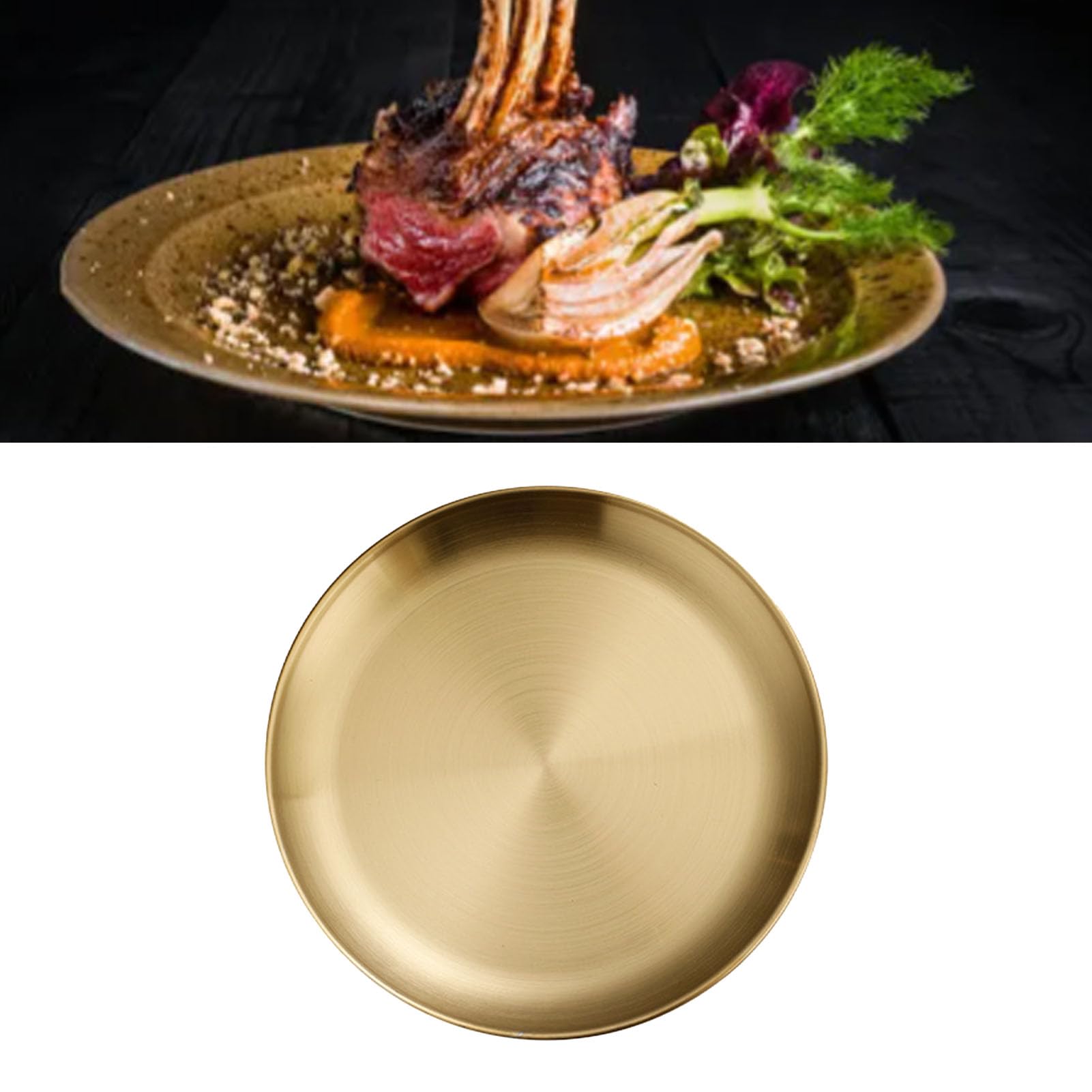 Buachois Piatto in acciaio inox dorato, piatti piani rotondi in metallo dorato, riutilizzabili, da campeggio, antiruggine, vassoio da portata per casa, cucina, feste (S)