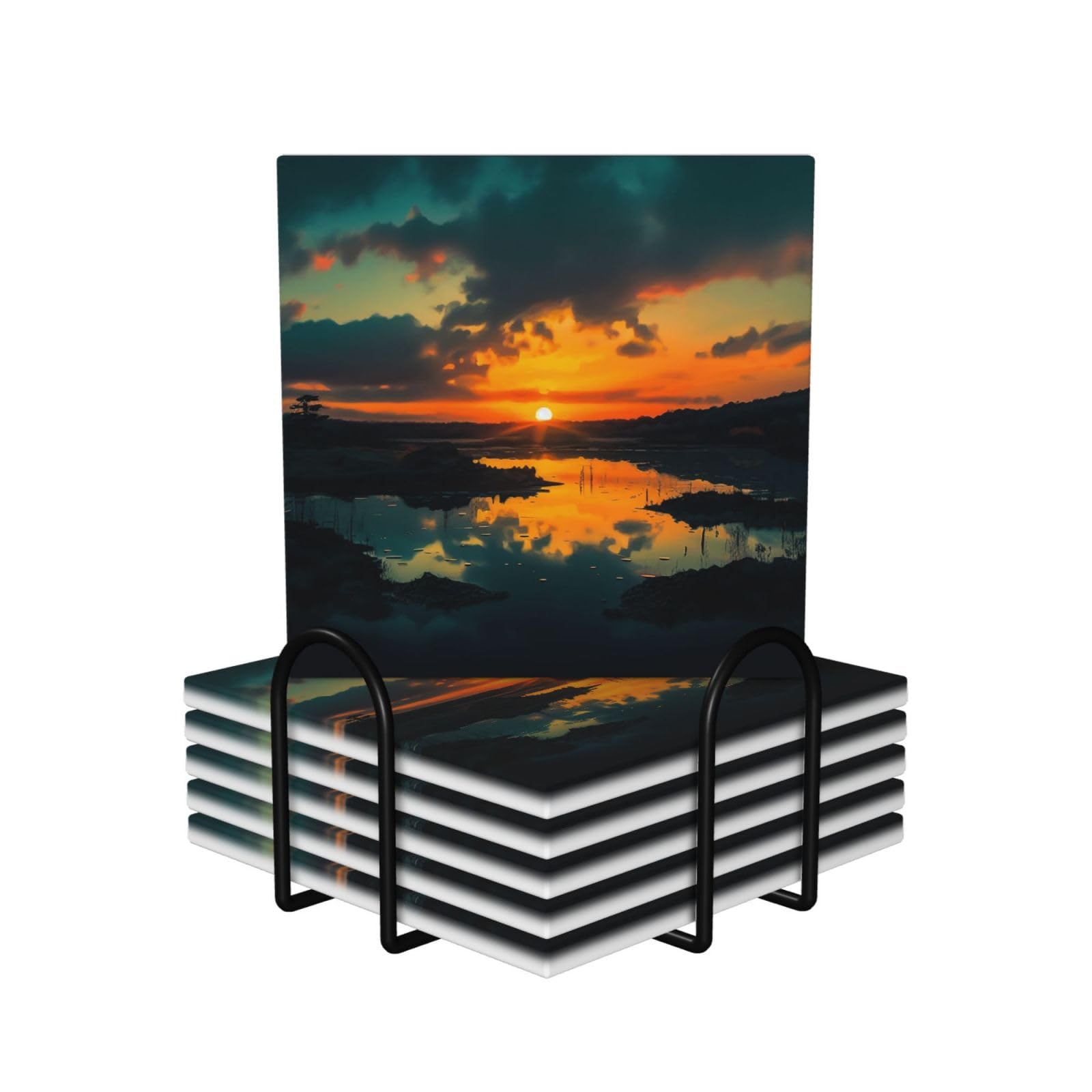 6Pcs Ceramics Coaster for Drinks, Sunset Dawn Cup Coasters with Holder, Aesthetic Drink Coasters for Coffee Table, Absorbent Round Coaster for Tabletop Protection 4" Cup Mat Pad