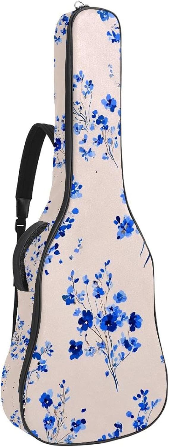 Cute Small Blue Flowers and Tiny Leaves Acoustic Guitar Gig Bag, 1 cm Thick Padding Waterproof Guitar Bag Backpack for 40 41 42 Inch Electric Bass Classical Guitars