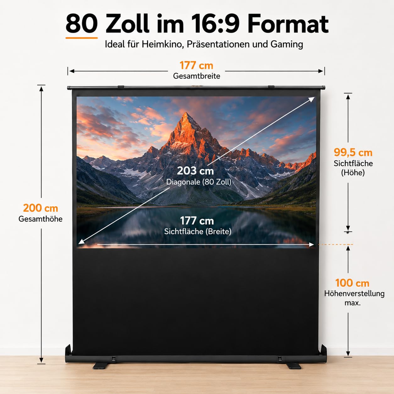 Schermo portatile per proiettore da 80 pollici, per esterni, con guadagno 1.2 e 4K/8K | Per soggiorno, ufficio ed eventi, ideale per film, giochi e riunioni
