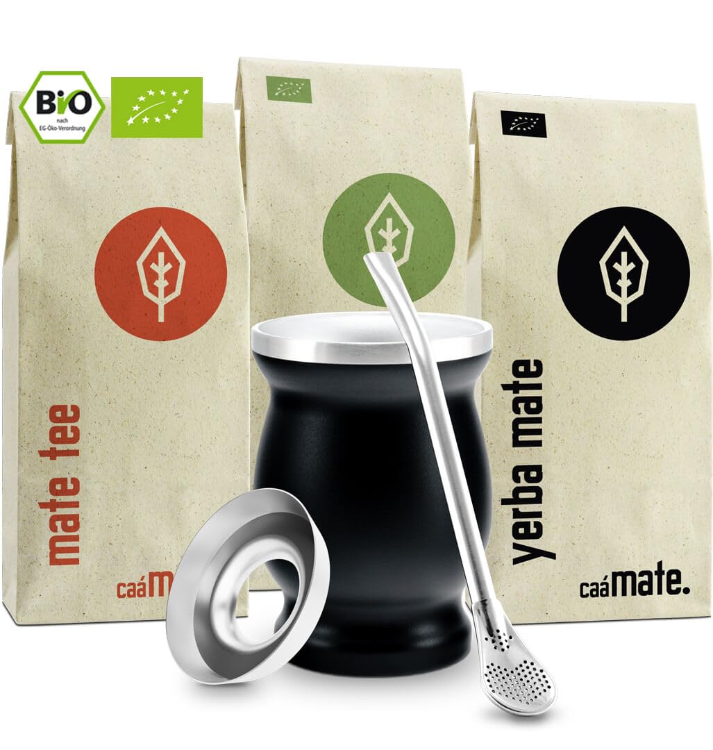 Mate Tee Set Bio 3 Matesorten doppelwandiger Edelstahl Matebecher Bombilla schwarz
