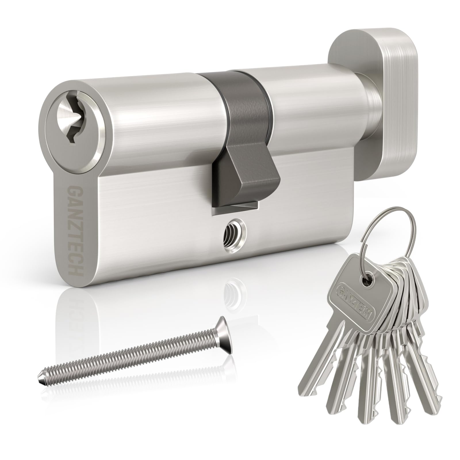 GANZTECH 45T/45 (90mm),Nickel Door Barrel Lock,Key Key with 5 Standard Keys,Aluminum Alloy Euro Cylinder Lock,Secure Stable for Wooden,Composite Doors and UPVC
