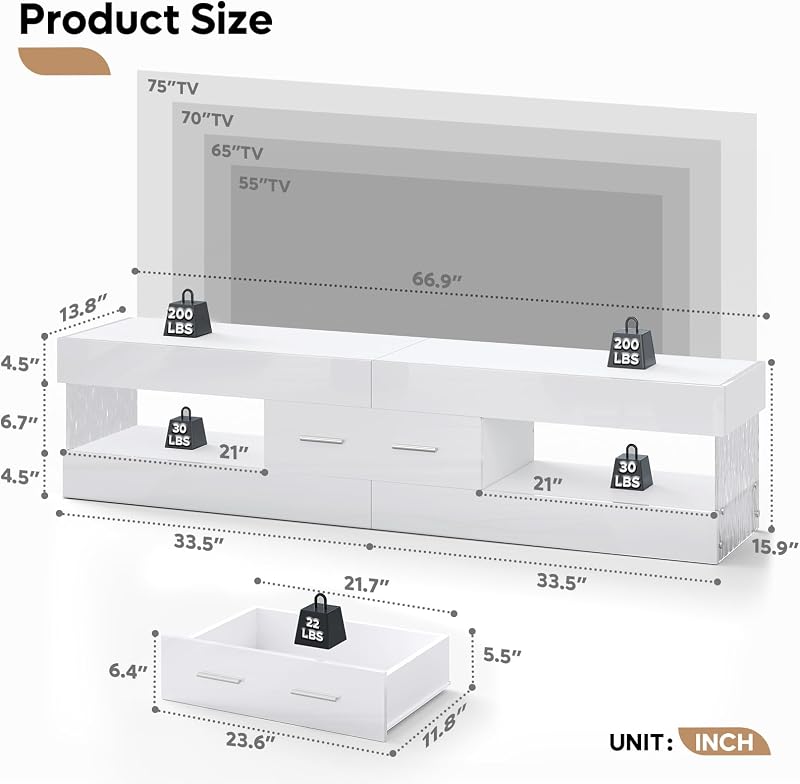 Bestier 67" Modern TV Stand for 75 Inch TV, LED Entertainment Center, White image 2