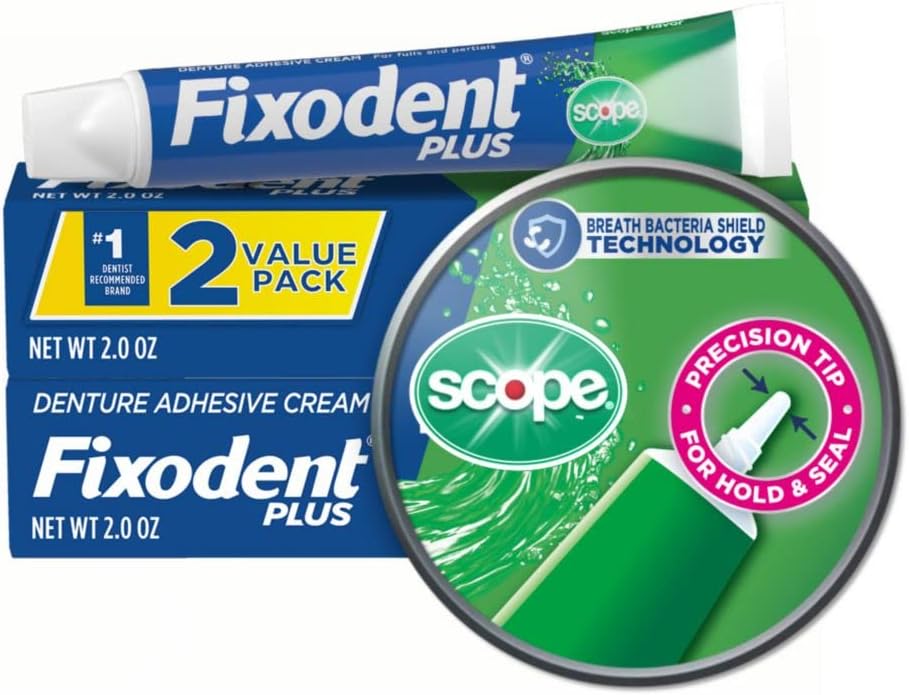 Denture Adhesive Cream Plus Scope, 2 Ounce, Pack of 2 (Packaging May Vary)