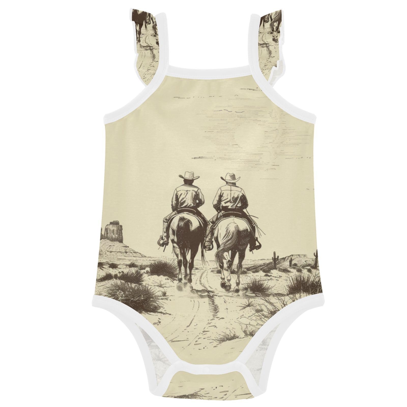 Baby Cotton Infant Bodyshirts Ruffle Sleeve Baby Sleeveless Undershirts 12M Two Cowboys Riding Horses in Desert