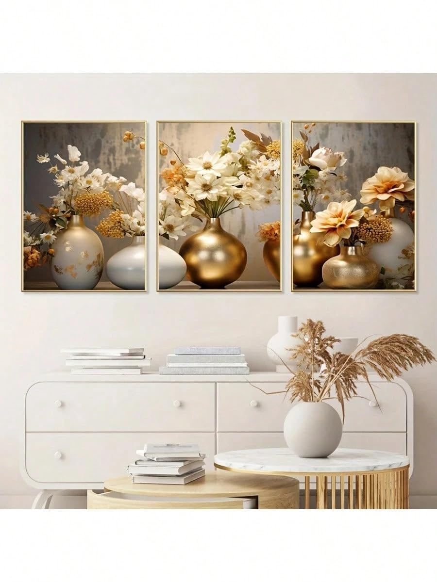 lianyibo Nowoczesny abstrakcyjny zestaw 3 obrazów z wazonami, kwiatowe i botaniczne wydruki do sypialni, biura i salonu (60 x 80 cm x 3 / bez ramki)