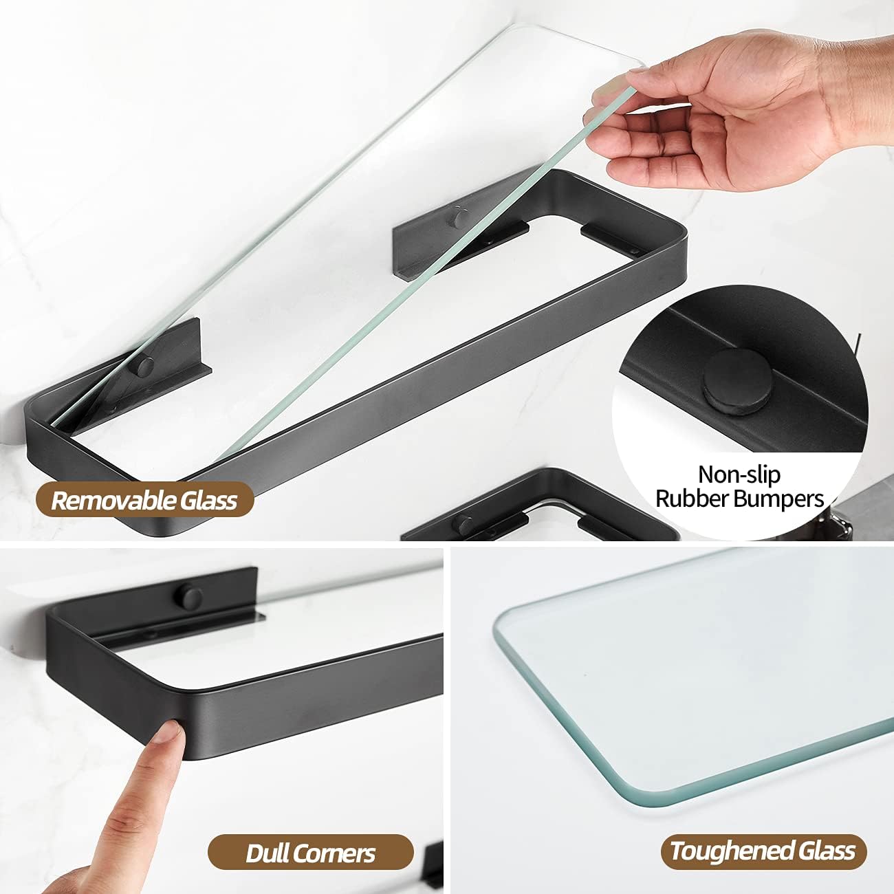 Bathroom Wall Shelf Black 15.7 in Glass Shelf for Bathroom Floating Shelf with Towel Holder Glass Shower Shelf 2 Tier : Tools & Home Improvement