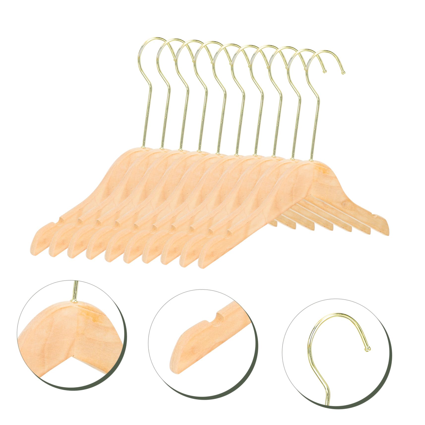 Percha Infantil de Madera Maciza 15cm Gancho Dorado, 10 Piezas